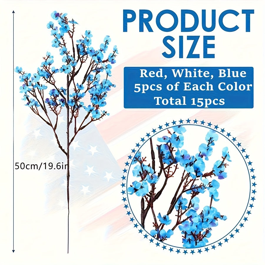 15pcs July 4th Artificial Flowers - Genuine Touching Petals Patriotic Red, White And Blue Flower Arrangements, High-quality Plastic Indoor/outdoor Independence Day Home Decorations, Table Center Decorations, Maintenance-free Holiday Decorations