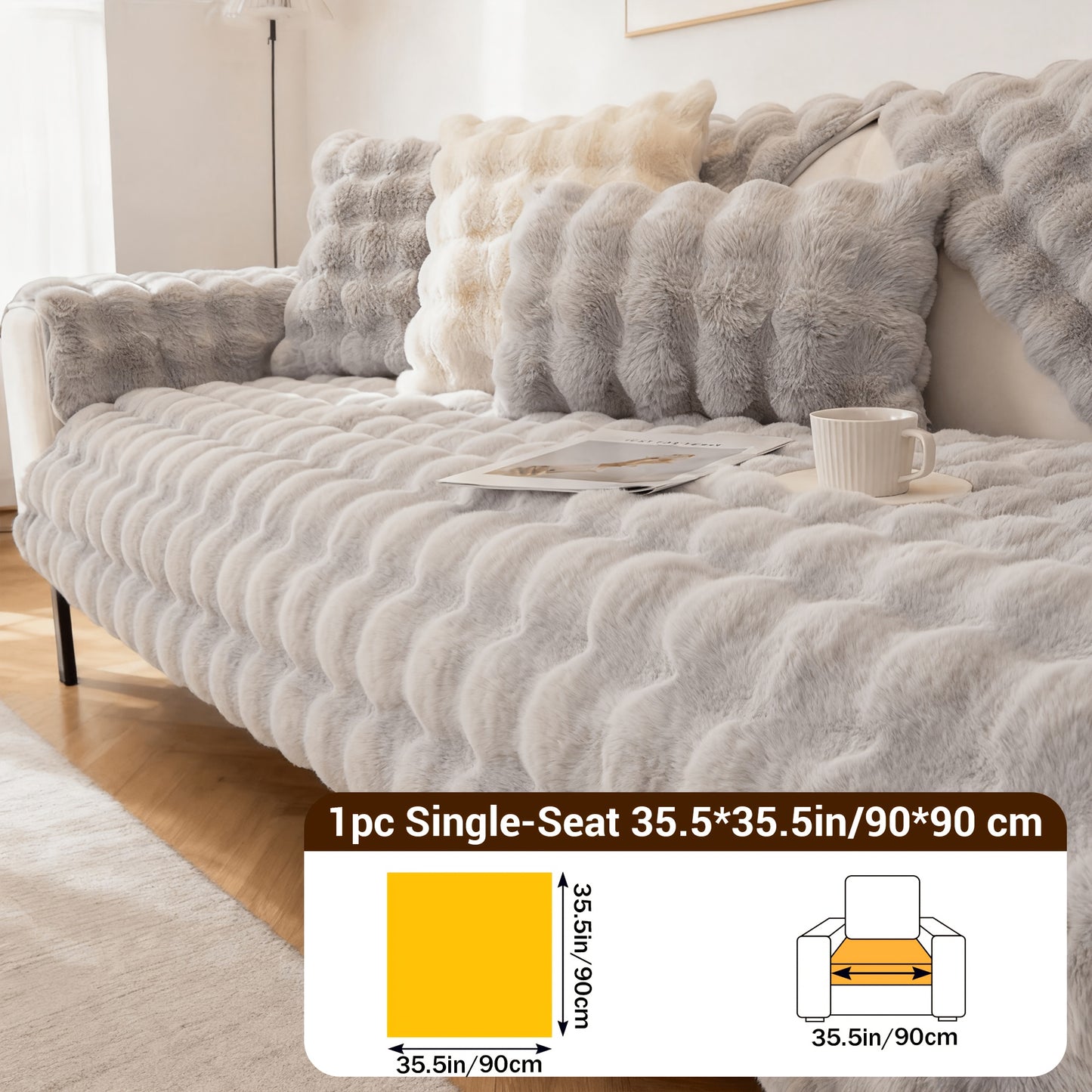 Bubble Soft Faux Rabbit Sofa Cover - Non-Slip 3/4 Seat Stretchable Slipcover Durable Furniture Protector Breathable Sofa Cover for Living Room, Bed, Dorm (Beige/Dark Grey/Khaki, 35.5X71/83Inch) - Comfortable Home Decoration, Warm And Easy to Clean