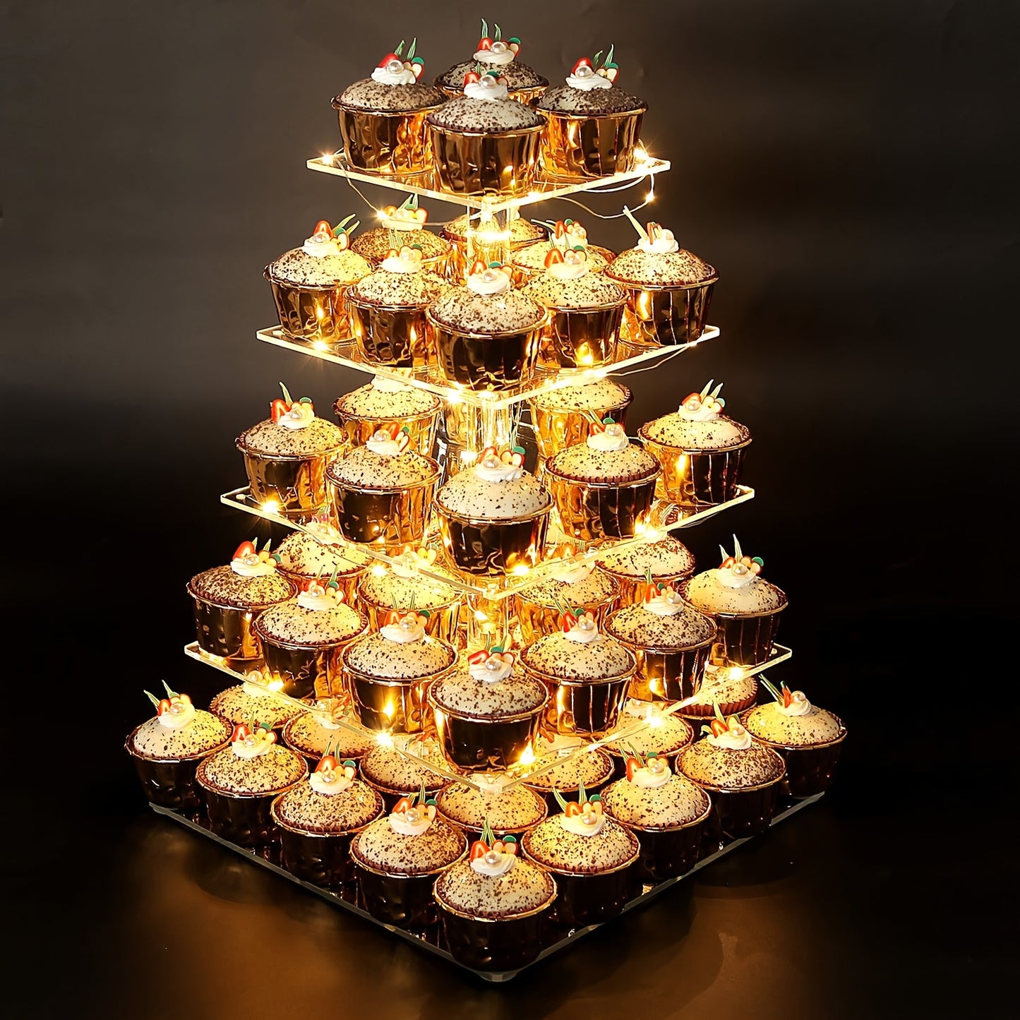 [Ultra-Stable] 5-Tier Cupcakes Stand Square Acrylic Cupcake Display Stand With LED String Lights Elegant Dessert Display Cupcake Stand For 60 Cupcakes For Tea Parties, Birthdays & Baby Showers, Birthday Or Wedding Party | Easy To Install