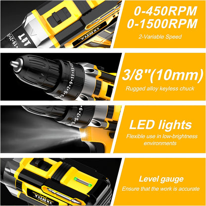 21V Cordless Impact Drill Set (2.0AH Battery and Fast Charging), Optional Drill Set and Storage Box, Equipped with Drill and Electric Screwdriver, with Work Light, Speed and Torque Adjustment - Suitable for Car and Home Maintenance | Men's Gift