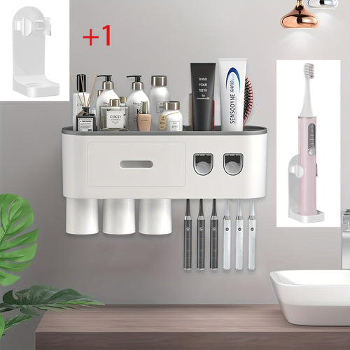 Wall-Mounted Toothbrush Holder Featuring a Double Automatic Toothpaste Dispenser And Squeezer Kit, Perfect for Valentine'S Day Gifts, Available from a Local Warehouse, Includes 3 Cups (Grey with 2 Toothpaste Dispensers And 3 Cups)