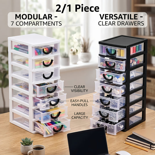 7-Drawer Desktop Organizer Heavy-Duty Plastic Storage System with Clear Front Drawers, Storage Drawers Containers with 7 Clear Units, Space-Saving Compact Design, Black Organizer Box for Home Office, Table Organizer, Jewelry And Small Parts Storage
