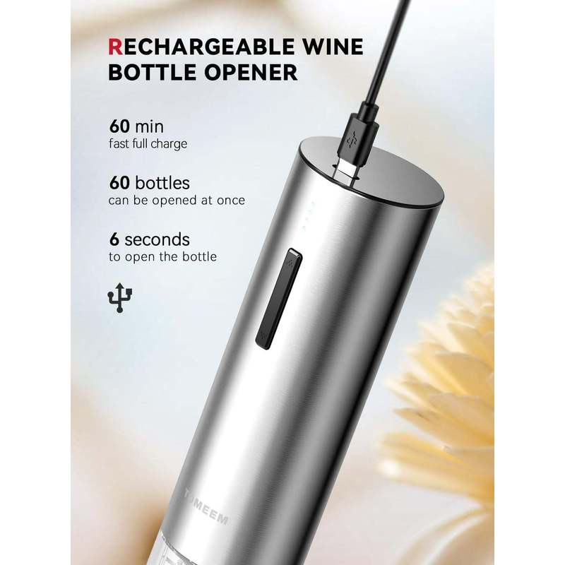 Tomeem Rechargeable Electric Wine Gift Set - Aerator, Vacuum Stoppers, Foil Cutter and Bottle Opener for Home Bar and Outdoor Parties, Stainless Steel