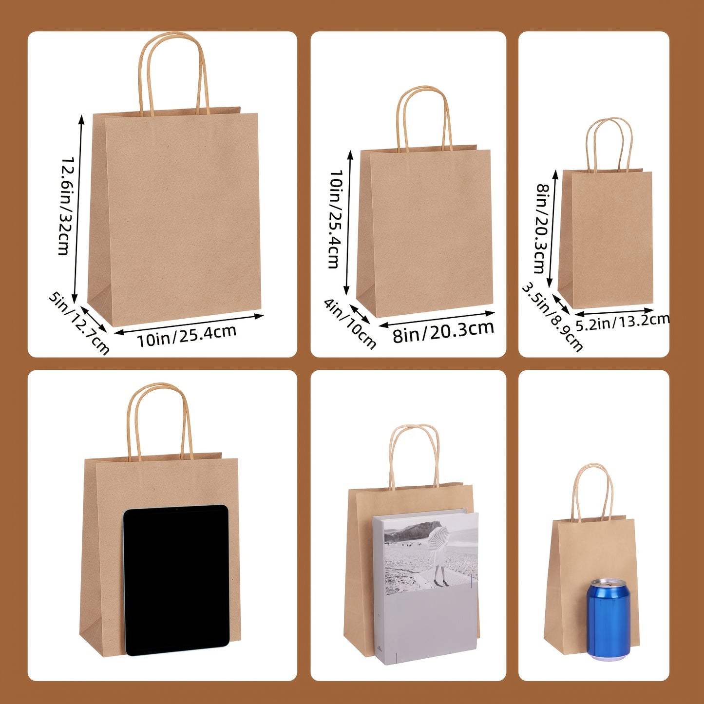 TOMNK 150pcs-Mixed Size 110G Thickening Brown Paper Bags, Wedding Gift Bags, Various Sizes, Regular Goodie Bags, Business Leather Paper Bags with Handles, Shopping Bags, Retail Bags, for Wedding, Birthday Gift Wrapping