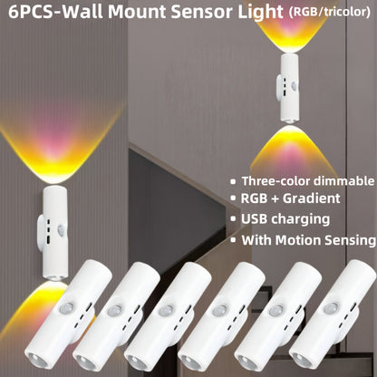 Set of 6 Cat Eye LED Wall Lights with Motion Sensor, USB Rechargeable Night Lamp with 3 Color Settings, Suitable for Bedroom, Stairs, Closet, And Bathroom, Featuring Automatic Sensing Without The Need for Wiring