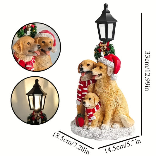 Golden Retriever Family Christmas Decoration with LED Lights - Realistic Resin Dog Figurines with Santa Hats, Battery-Powered Indoor/Outdoor Holiday Decor, Switch-Controlled Warm Glow for Mantel/Tabletop - Ideal Gift for Dog Lovers (Batteries