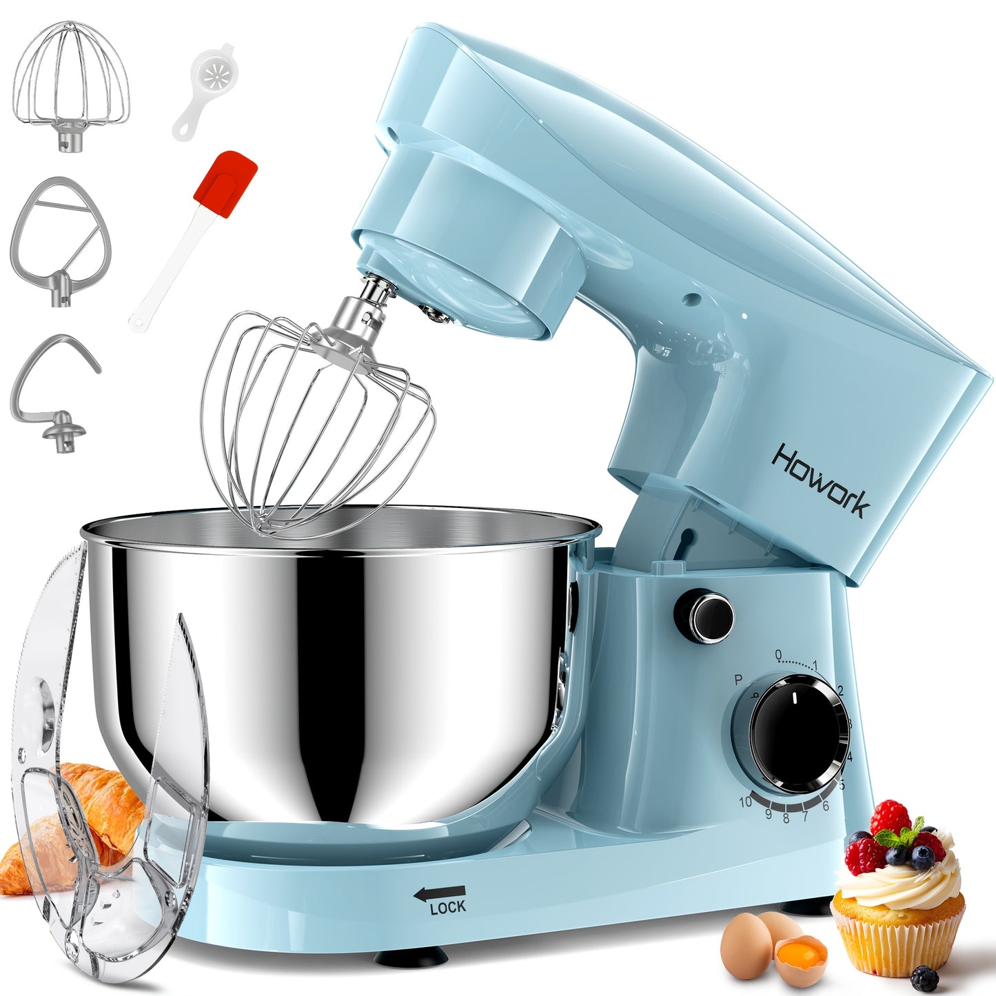 HOWORK Stand Mixer 10-Speed 5QT Electric Kitchen Mixer With Dishwasher-Safe Dough Hooks, Flat Beaters, Wire Whip & Pouring Shield Attachments For Most Home Cooks