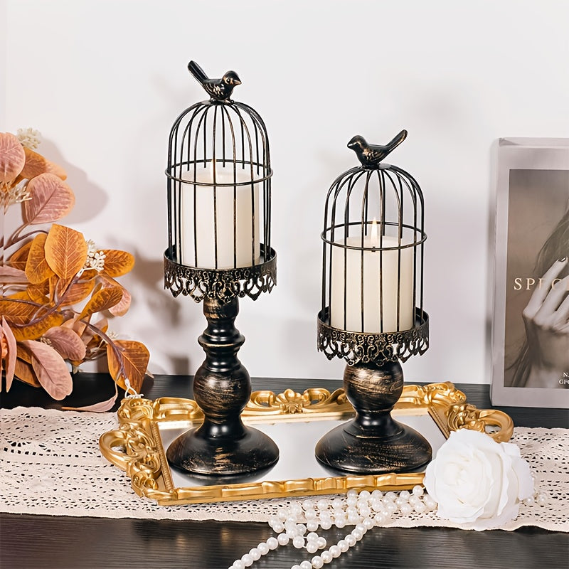 Birdcage Candle Holders Set of 2, Vintage Metal Candlestick Holders with Polished Finish — Wedding Table Centerpieces, Home Decor & Christmas Decoration | Black & White