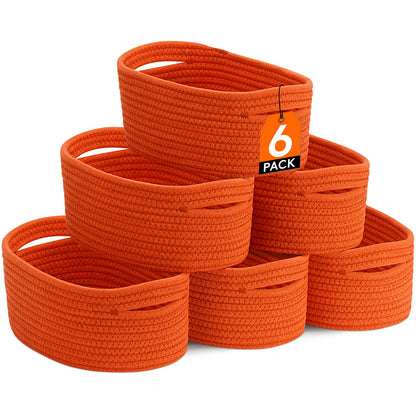Woven Storage Baskets 6-Pack Cotton Rope Cube Bins 11x7x5" | Handmade Small Shelf Baskets for Organizing Closet Bedroom Living Room Playroom | Round Decorative Storage Caddy Multiple Colors