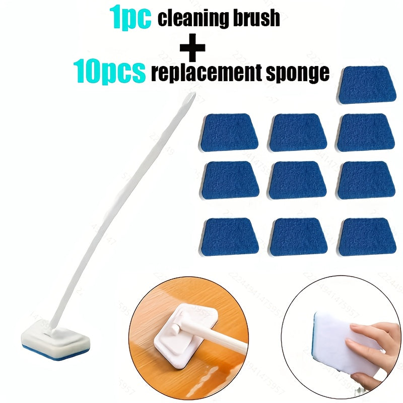 7/11/16pcs Household Plastic Long-handled Sponge Brush Set, Including 1 Brush And 6/10/15 Brush Heads for Cleaning Kitchens, Bathrooms, Tiles And Bathtubs, Removable Floor Brush + Replacement Brush Head, Thickened And Durable Window Brush