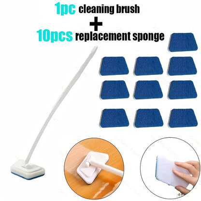 7/11/16pcs Household Plastic Long-handled Sponge Brush Set, Including 1 Brush And 6/10/15 Brush Heads for Cleaning Kitchens, Bathrooms, Tiles And Bathtubs, Removable Floor Brush + Replacement Brush Head, Thickened And Durable Window Brush