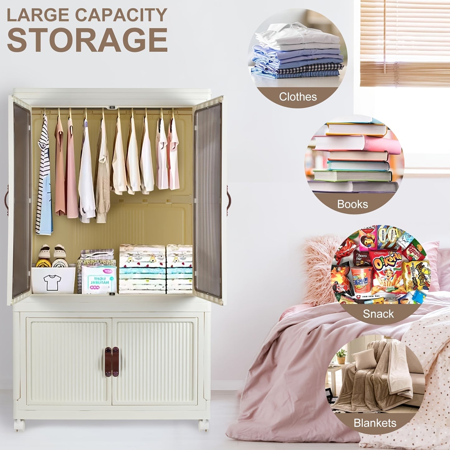 Portable Closet Wardrobe with Wheels & Hanging Rod – Foldable Clothes Cabinet with Doors, 10 Hangers, Stackable Storage Bins, 70 GAL Collapsible Plastic Wardrobe Organizer
