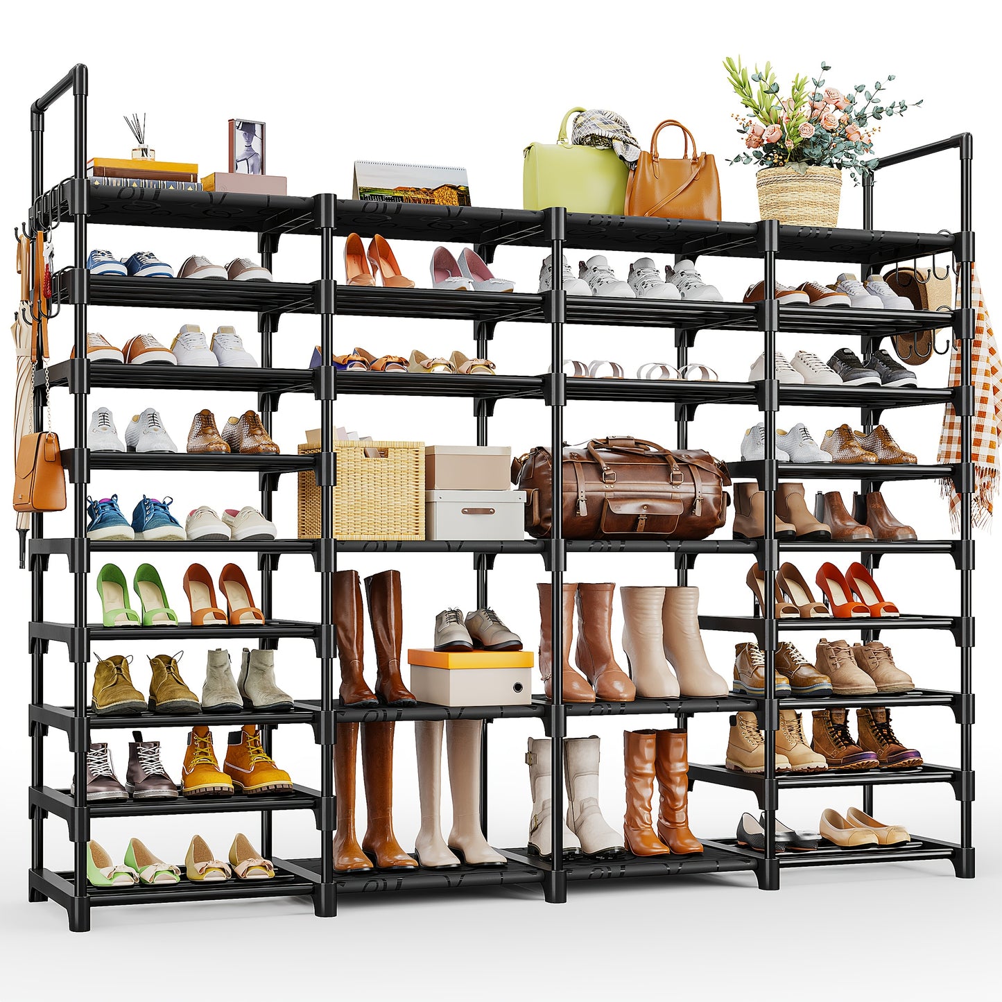 A 6/9-Tier Multifunctional Shoe Rack Freestanding Narrow Storage Organizer for Entryway, Bedroom, Living Room | with Metal Legs And Hooks, Space-Saving Design Storage Up to 50-55 Pairs Shoes And Boots Sturdy Metal Free Standing Shoe Rack Organizer