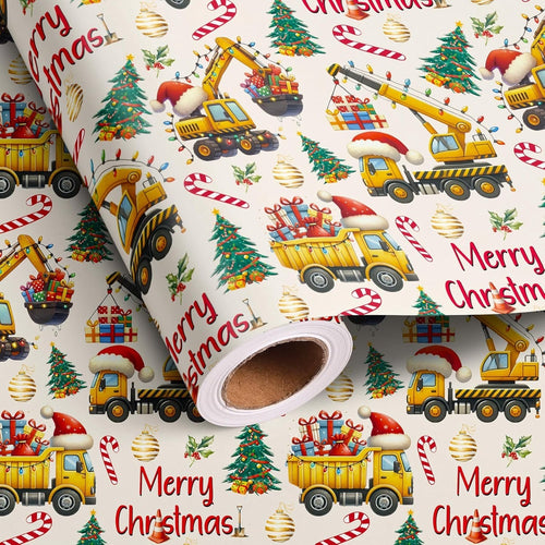1pc Altarho Construction Christmas Wrapping Paper for Boys Girls - Funny Dump Trucks Cranes Excavators Tractor Gift Wrap Santa Hats Gifts Christmas Tree Design for Holiday Winter Birthday Celebration Decoration Total 28.5Sq.Ft