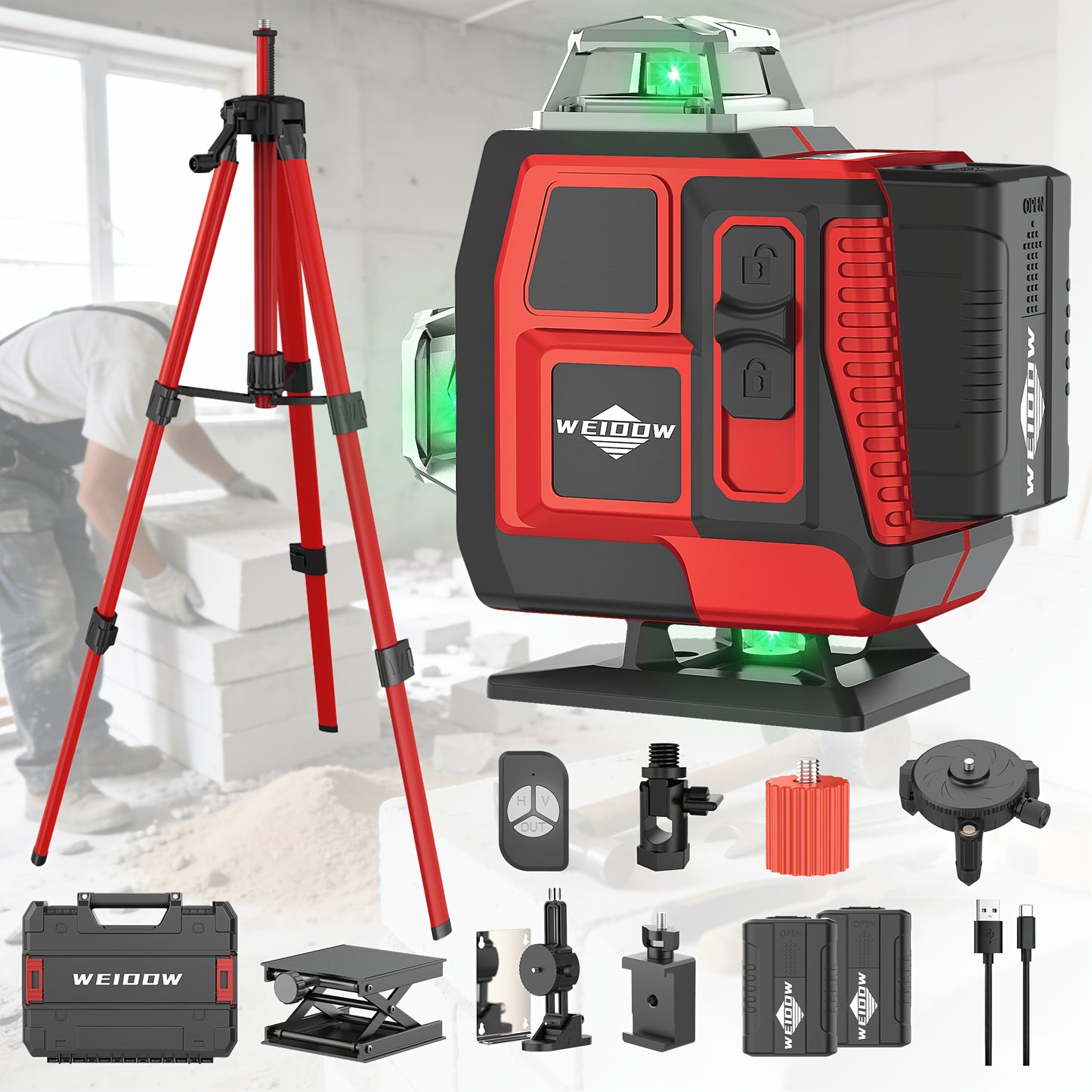 16-Line 4D Green Laser Level with Tripod, 360° Self-Leveling Rotary Cross Line, High-Precision Auto-Leveling Tool, Rechargeable Lithium Battery, Vertical & Horizontal Lines for Hanging Pictures, Tiling, Home Decoration, Indoor Construction
