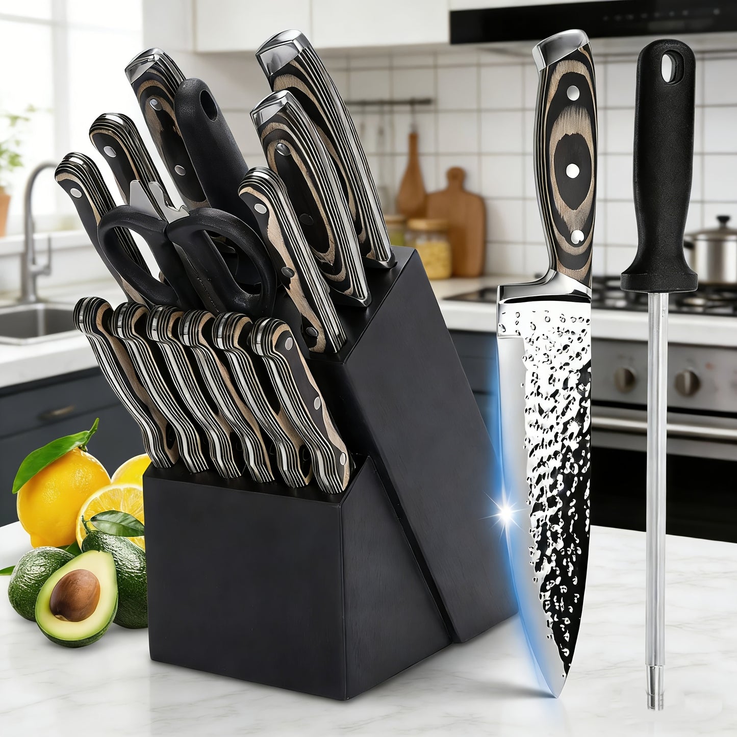Kitchen Knife Set 15 Piece – Chef Knife Block Set with Self-Sharpening Wooden Block, Steak Knives & Hammered Stainless Steel Blades, Perfect Gift for Home Cooks & Men