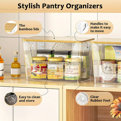 2-Pack Clear Stackable Kitchen Pantry Organizers with Bamboo Top - Durable PET Storage Bins for Onions, Potatoes, Fruits, Vegetables | Space-Saving Design, Ventilation & Easy Access, Pantry Organizers And Storage, Produce Organizer, Transparent Organizer,
