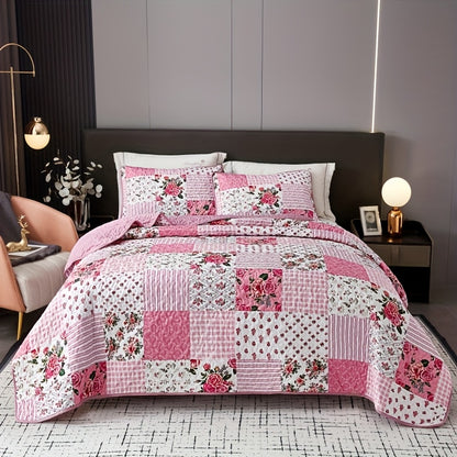 3pcs Sweet Pink Quilted Bedspread Set, Floral Patchwork Print, Includes 1 Bedspread And 2 Pillowcases, Machine Washable, All Seasons Available, Soft, Breathable And Comfortable Bedroom Dormitory Decoration Bedding Set