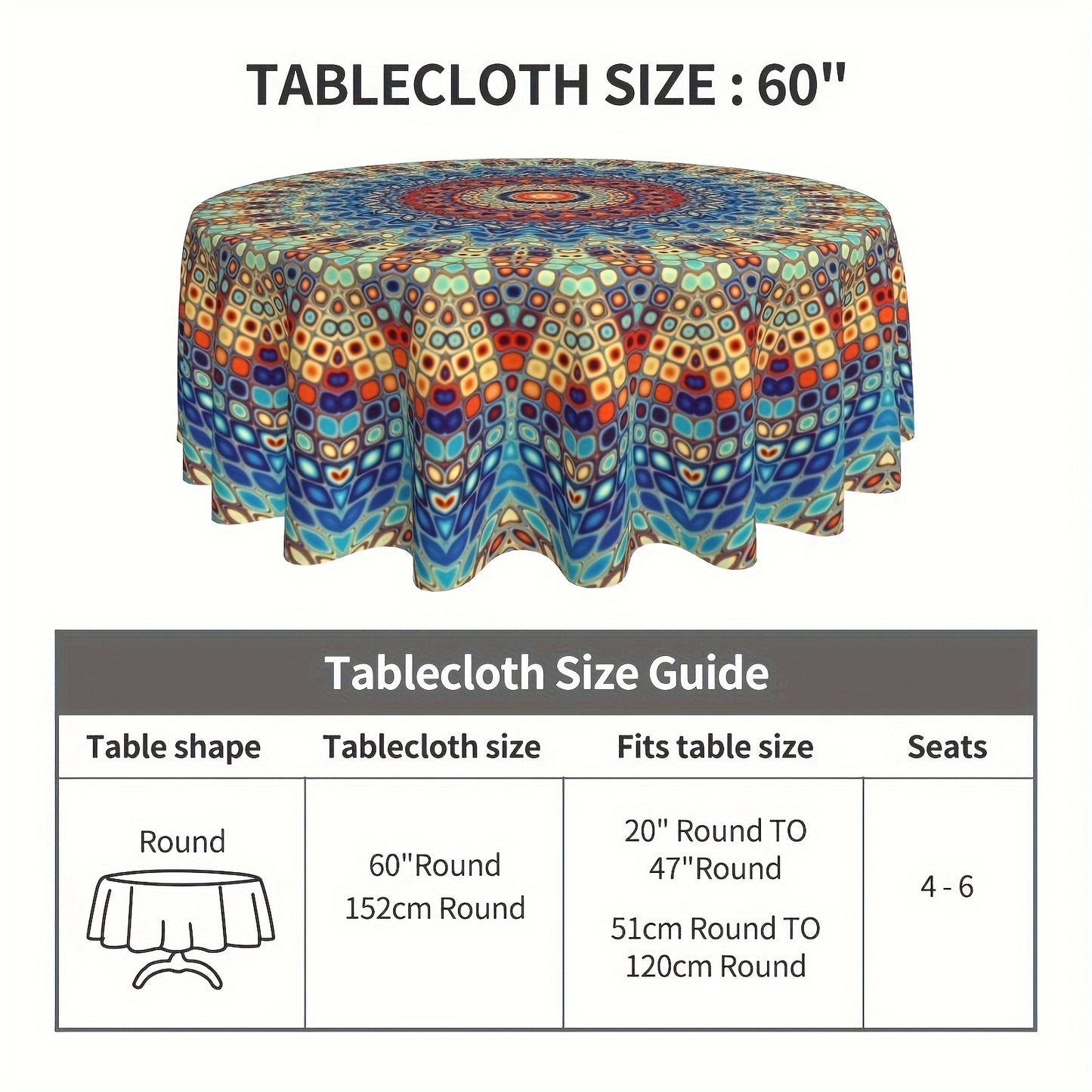 Mandala Round Table Cover 60 Inch - Colorful Boho Tablecloth for Patio, Backyard BBQ, Picnic & Kitchen Decor
