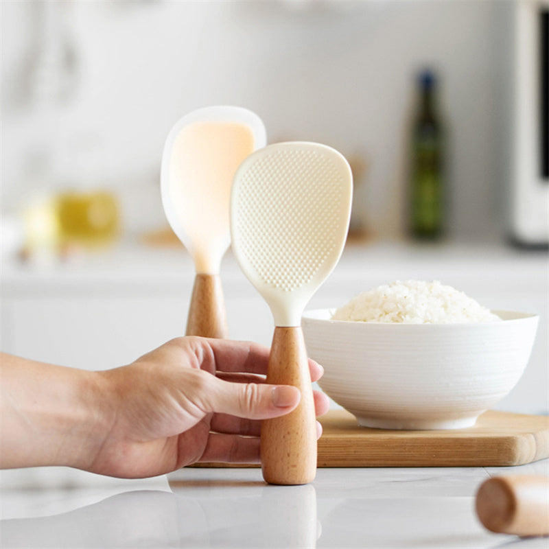 2 Pack Silicone Rice & Potato Server with Wooden Handle - Durable, Heat-Resistant Kitchen Spoon for Nonstick Pans and Cookers, Durable Standing Rice Spatula Serving Spoon for Grains