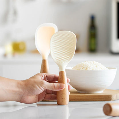 2 Pack Silicone Rice & Potato Server with Wooden Handle - Durable, Heat-Resistant Kitchen Spoon for Nonstick Pans and Cookers, Durable Standing Rice Spatula Serving Spoon for Grains