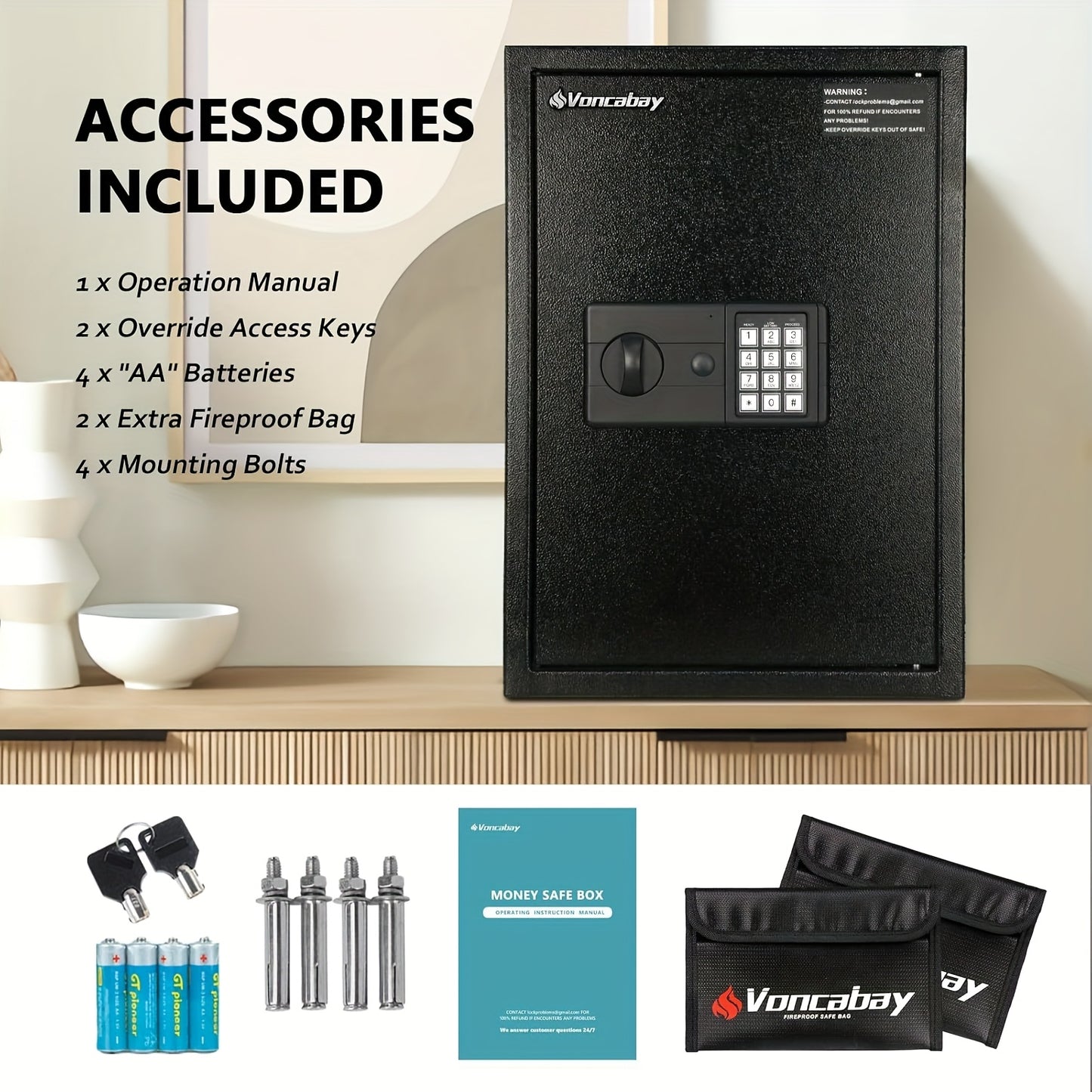 1pc Home Money Safe Box With Sensor Light And Fire-Resistant Bag, Fireproof Security Safe With Keys & Passcode, Digital Keypad Lock Box For Cash And Valuables. Valentine'S Gift For Her/Him