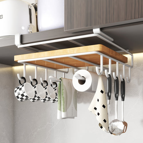 Heavy-Duty Stainless Steel Under Cabinet Organizer Rack - Wall-Mounted Space-Saving Shelf with Multiple Hooks for Kitchen Utensils, Towels, Cups & Cutting Boards - Easy Install, Polished End for Kitchen, Bathroom, Kitchen Organizers And Storage