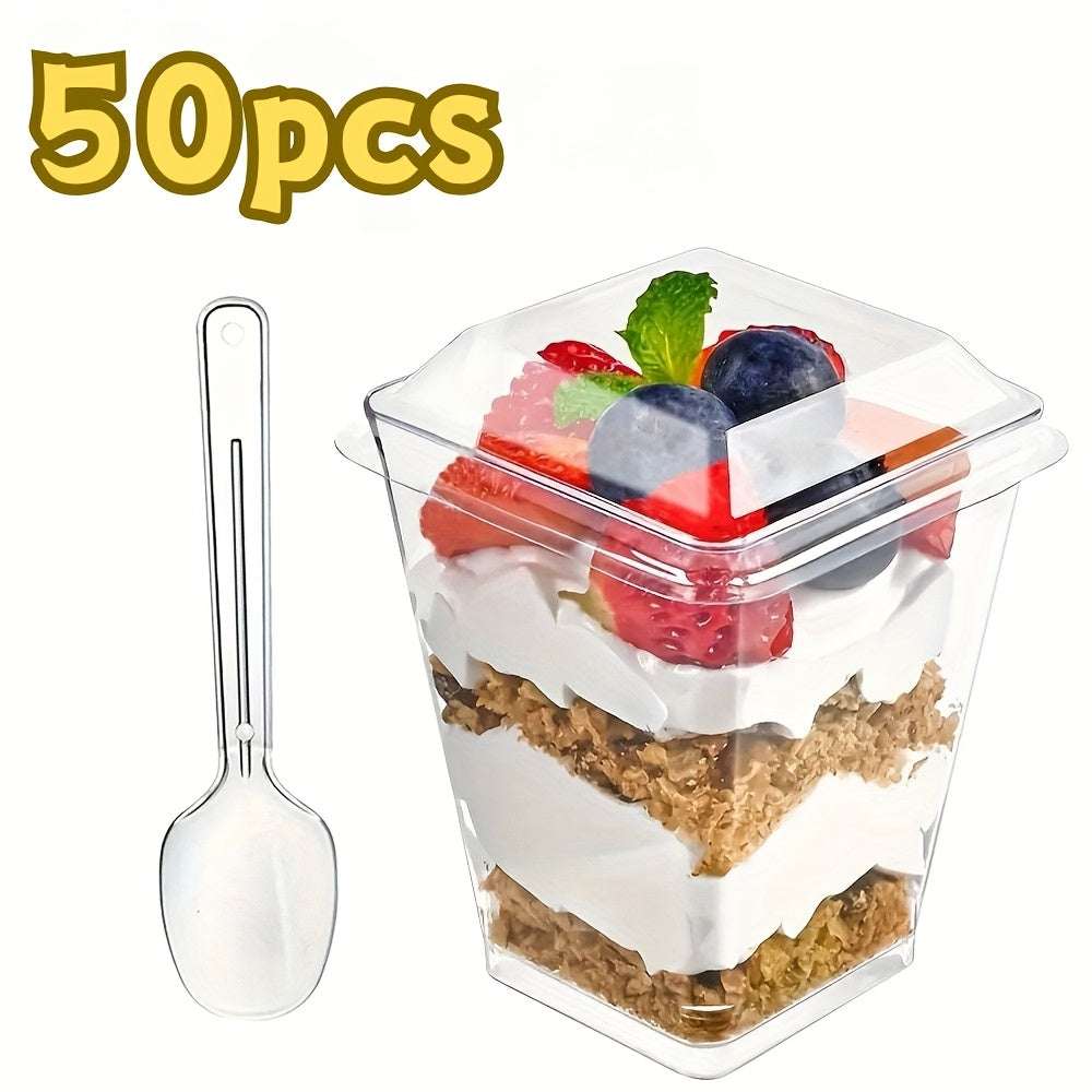 (Quick Arrival) 50/100/150/200 Packs 5oz Plastic Dessert Cup with Lid & Spoon Set, Pudding Cup with Lid, Mini Dessert Cup, Party Gathering Use, Suitable for Large Gatherings, Family Gatherings, Camping Picnics