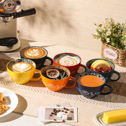 TAUFIKT 6pcs Bohemian Ceramic Breakfast Mug - 15oz Large Capacity, Microwave Safe for Hot Drinks & Cold Beverages, Perfect Gift for Halloween, Thanksgiving, Christmas