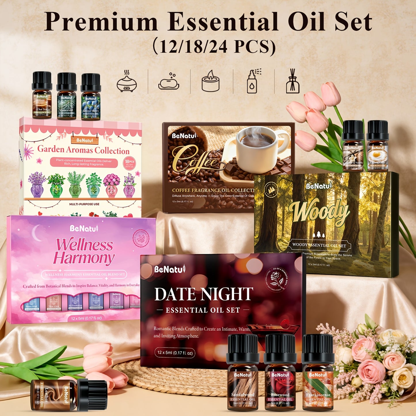 12/18/24pcs Essential Oil Set: Woody, Date Night, Coffee, Garden Fragrance Oil | Sandalwood, Cedarwood, Leather, Peppermint, Lavender, Coffee, Chocolate, Baking, Romantic Date | for Candles, Humidifier, Diffusers, Christmas/ Valentine's Day Gifts