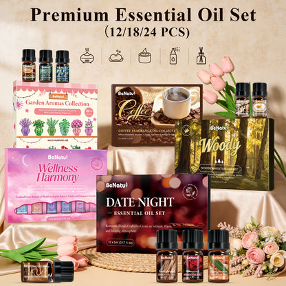 12/18/24pcs Essential Oil Set: Woody, Date Night, Coffee, Garden Fragrance Oil | Sandalwood, Cedarwood, Leather, Peppermint, Lavender, Coffee, Chocolate, Baking, Romantic Date | for Candles, Humidifier, Diffusers, Christmas/ Valentine's Day Gifts