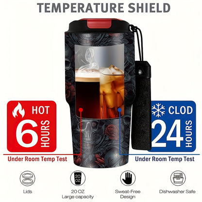 Gothic Skull & Roses Design Coffee Cup, 20oz Stainless Steel Insulated Tumbler with Carrying Strap, Beverage Container, Travel Mug, Summer Water Bottle, Camping Drinkware, Ideal Gift for Halloween, Birthdays, Christmas, Easter, Parties, Holiday