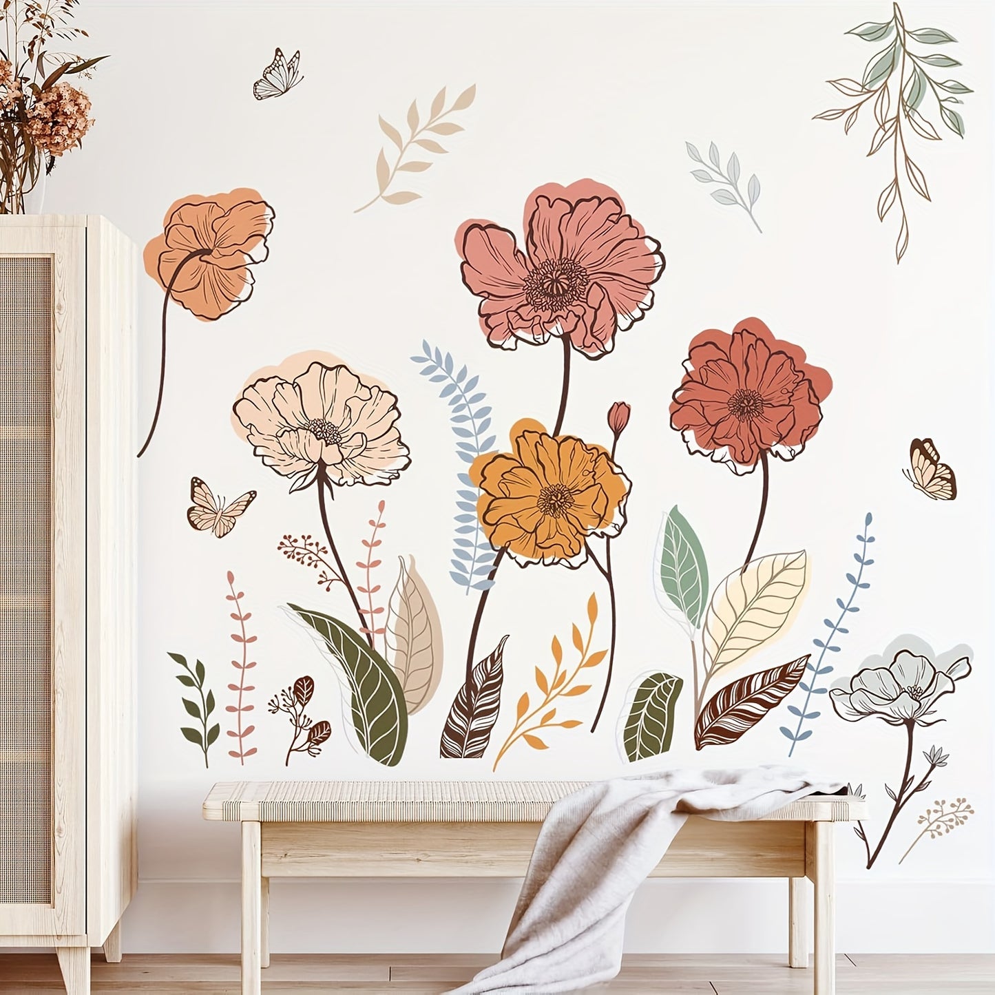 Bohemian Flower Wall Stickers Wildflowers Living Room Bedroom Background Wall Art Deco Self-adhesive Paper Bohemian Flower Wall Stickers, Wildflowers, Fruits and Pasted Wall Art Stickers for Living Room, Bedroom and TV Walls