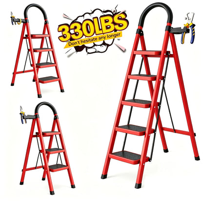 Step Ladder, Folding 2/3/4/5 Step Stool with Wide Anti-Slip Pedal, Sturdy Steel Ladder, Convenient Handrail & Small Storage Slot, Rust-Resistant Material, Lightweight, Portable Step Stool, Suitable for Home, Kitchen, Office Use, Free Gloves&Foot Pad