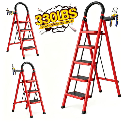 Step Ladder, Folding 2/3/4/5 Step Stool with Wide Anti-Slip Pedal, Sturdy Steel Ladder, Convenient Handrail & Small Storage Slot, Rust-Resistant Material, Lightweight, Portable Step Stool, Suitable for Home, Kitchen, Office Use, Free Gloves&Foot Pad