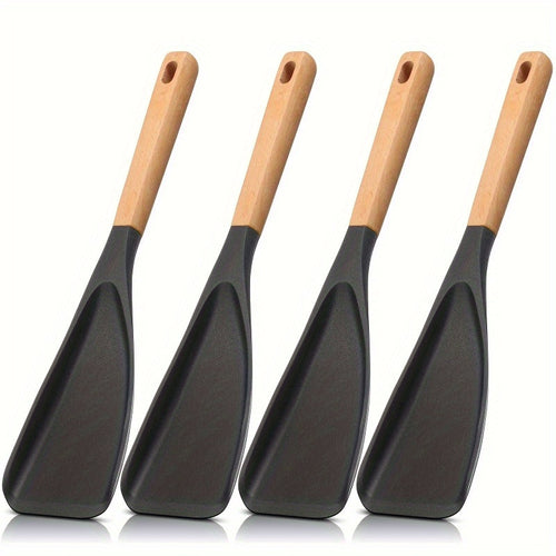 2/4pcs Cooking Spoon for Nonstick Cookware 12-Inch Silicone Spoon with Wooden Handle for Cooking, Serving, Mixing, Spooning And Scraping, Black
