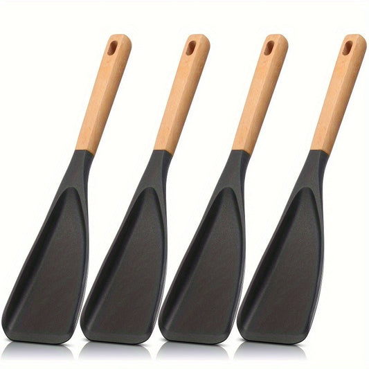 2/4pcs Cooking Spoon for Nonstick Cookware 12-Inch Silicone Spoon with Wooden Handle for Cooking, Serving, Mixing, Spooning And Scraping, Black