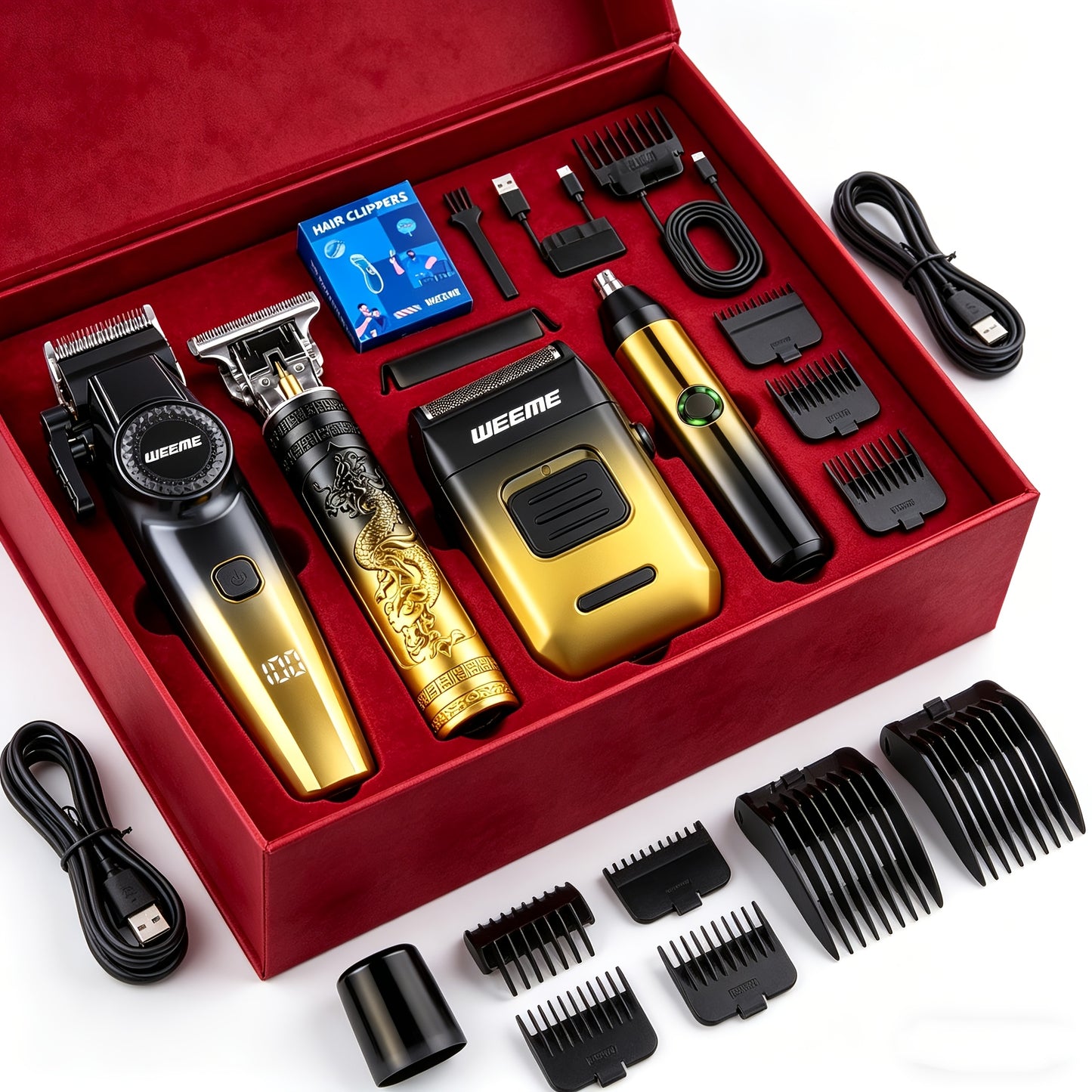 [Grooming Gift Box] New Gradient Dragon And Phoenix Design] Men's 2/4pcs Grooming Gift Box Set, Specially Designed for Men's Shaving, Hair Removal, Hair Cutting And Nose Hair Removal Combination, Nose Hair Remover, Hair Clipper, Shaver, T9 Detail Hair Cli