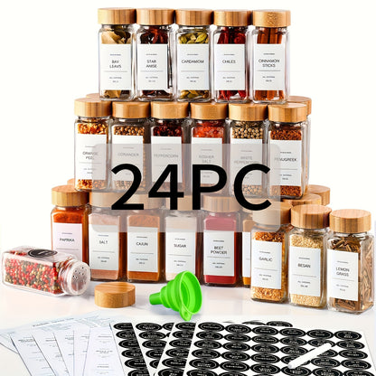 15/24/36pcs Glass Food Dispensing Jars - 4oz, with Bamboo Lids, Labeled Glass Jars with Collapsible Funnels, Spice Racks, Cupboards, And Drawers for Seasoning Dispensing Storage Bottles, Food Dispensers