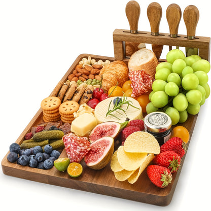 Charcuterie Board Set with Knives Large Bamboo Cheese Board Meat Platter Appetizer Tray with 4 Stainless Steel Knives Perfect for Party Wedding Christmas Birthday Gift
