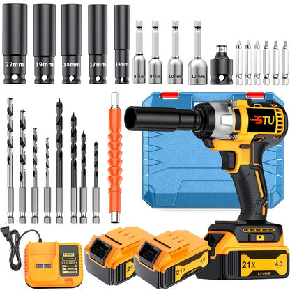 21 Volt Wireless Impact Wrench Drill Set, Heavy-duty Impact Drill, Optional 2AH/4AH Battery, Toolbox, Charger, And Complete Set Of Drill Bit Accessories, Suitable for Car Repair And Heavy-duty DIY, Is The Perfect Gift for Male Fathers