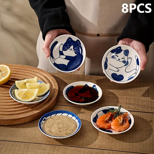 Of 8 Adorable Cat-Shaped Ceramic Dishes for Soy Sauce | 4-Inch Mini Bowls Ideal for Side Dishes, Serving, And Kitchen Use at Home Or Restaurants