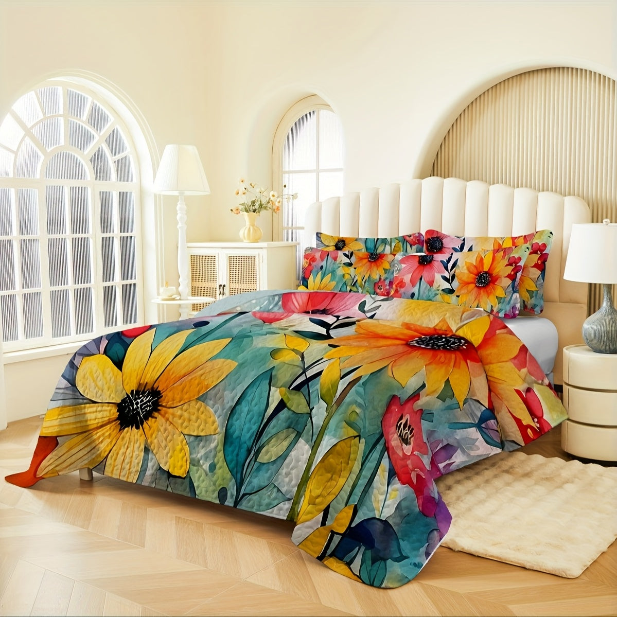 2/3pcs Floral Lightweight Comforter Quilt Set Queen King Twin Full Size for Girl Women Mother'S Day Gift, Boho Bedspread Coverlet Blanket Bed Cover for Spring Summer Autumn, Soft Breathable Microfiber White Reversible Comforter Patchwork Bedding