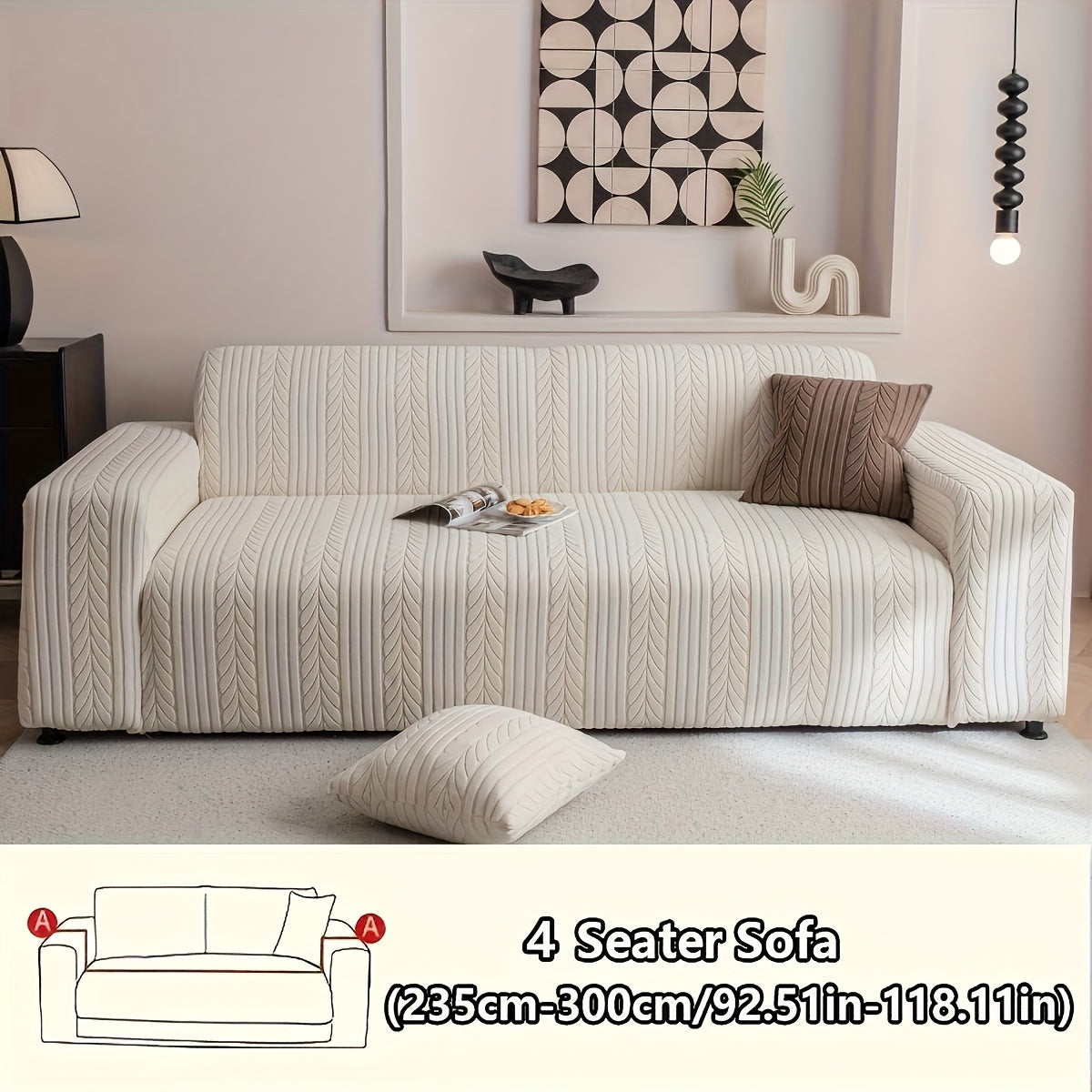 1 Striped Sofa Cover, Washable, Stretchy, Scratch And Slip-Resistant. Fits 1-4 Seaters, White Textured Zigzag Fabric. Great for Decor, Furniture Protection, Classic And Durable Design