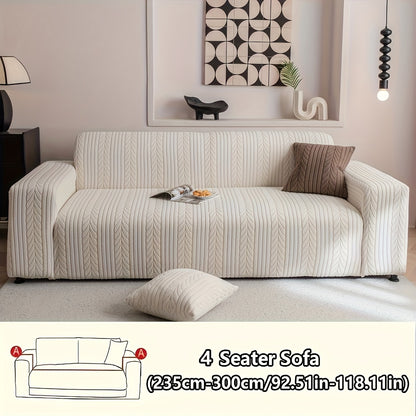 1 Striped Sofa Cover, Washable, Stretchy, Scratch And Slip-Resistant. Fits 1-4 Seaters, White Textured Zigzag Fabric. Great for Decor, Furniture Protection, Classic And Durable Design