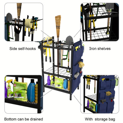 Tool Storage Rack with Storage Bag – Metal Yard Tool Organizer for Garage Holds 35 Long-Handled Tools, Broom, Shovel, Rake Stand Holder, Heavy Duty Freestanding Garden Tool Rack for Outdoor & Yard, Black