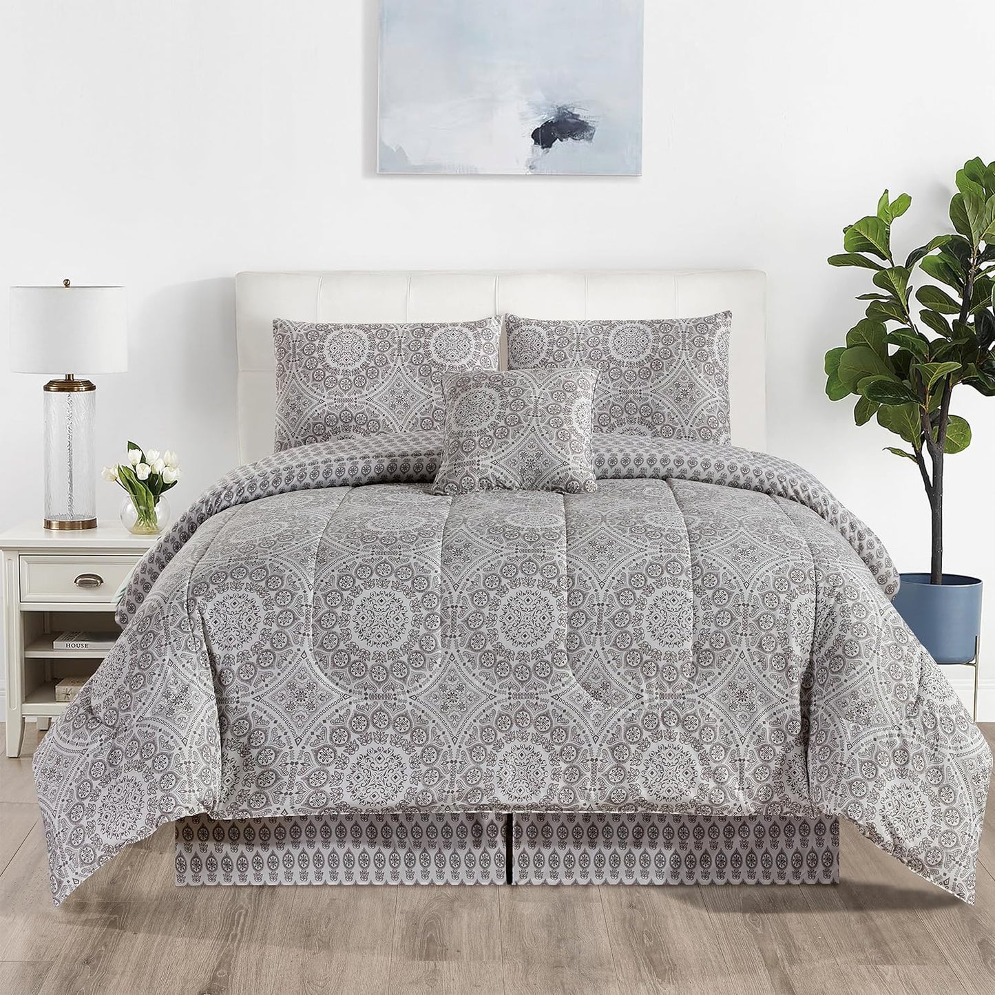 Lux Decor 5 Pieces Comforter Set - Reversible Duvet Insert - Quilted Comforter Smooth, Breathable & Machine Washable, Soft and Comfortable Bedding, Down Alternative Comforter Included 2 Pillow Shams, Bed Skirt, & Cushion - All Season Gift Choice