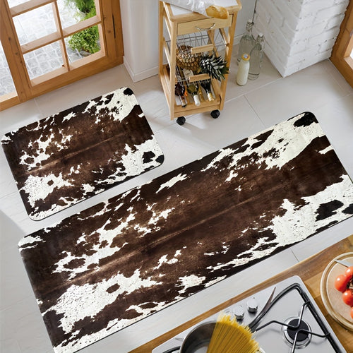 2pcs Cowhide Patterned Kitchen Mats, Memory Sponge Anti Fatigue Floor Mats, Unique Animal Skin Patterned Carpets, Anti Slip And Foot Mats, Quick Drying Carpets, Kitchen Hallway Bathroom Laundry Room Decoration, Home Decor Gifts