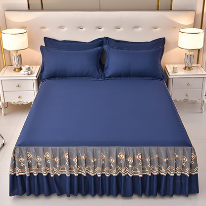 3pcs Macrame Bed Skirt Set (Bed Skirt *1+ Pillowcase*2, Without Core), Solid Color Double Layer Lace Bed Skirt All Seasons Universal Non-Slip Bedding
