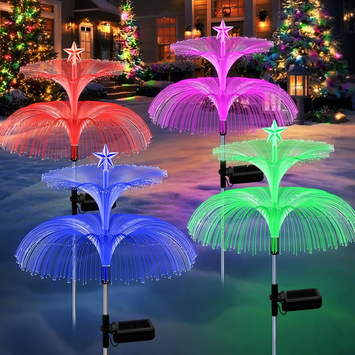 Solar Christmas Tree Lights Fiber Optic Star, 7-Color LED IP65 Waterproof Garden Stake Lights — 2 or 5 Layer Star for Lawn, Pathway, Patio & Holiday Decor | 2, 4 or 6 Pack